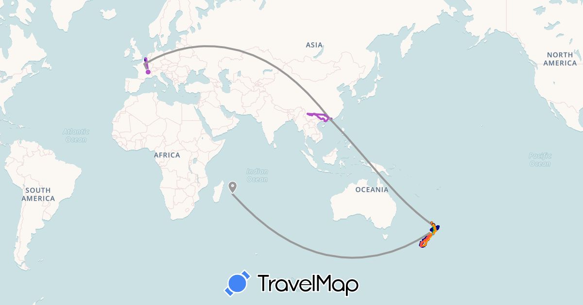 TravelMap itinerary: driving, bus, plane, cycling, train, hiking, boat, hitchhiking in Belgium, China, France, Hong Kong, New Zealand, Réunion (Africa, Asia, Europe, Oceania)